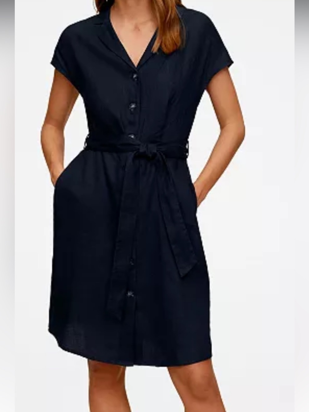 Mango Navy Short-Sleeve Button Dress with Waist Tie 💯 % linen